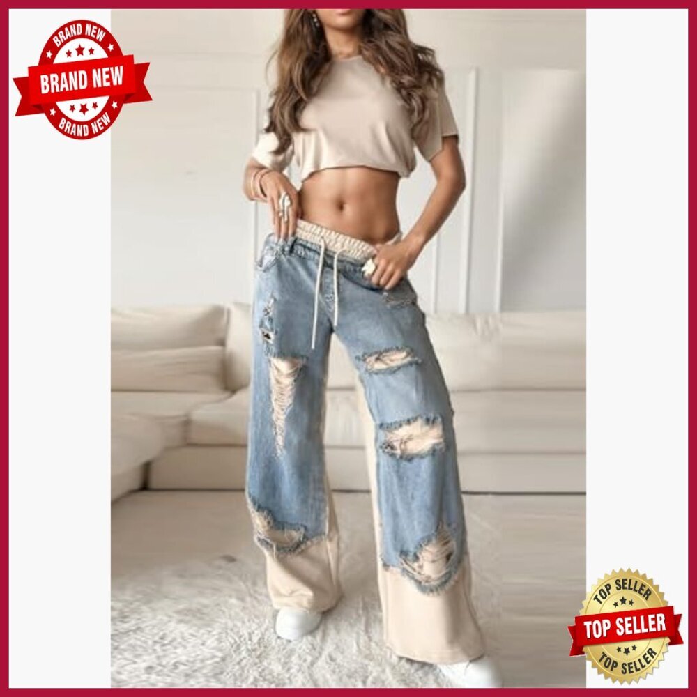 Wide Leg Patchwork Jeans Elastic Waist Distressed Denim Pants Sweatpants - Picture 3 of 7
